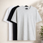 Pack of 3 Men’s Cotton T-Shirts | 135 GSM | White, Melange Grey & Black | Soft Summer Comfort | Regular Fit (Copy)